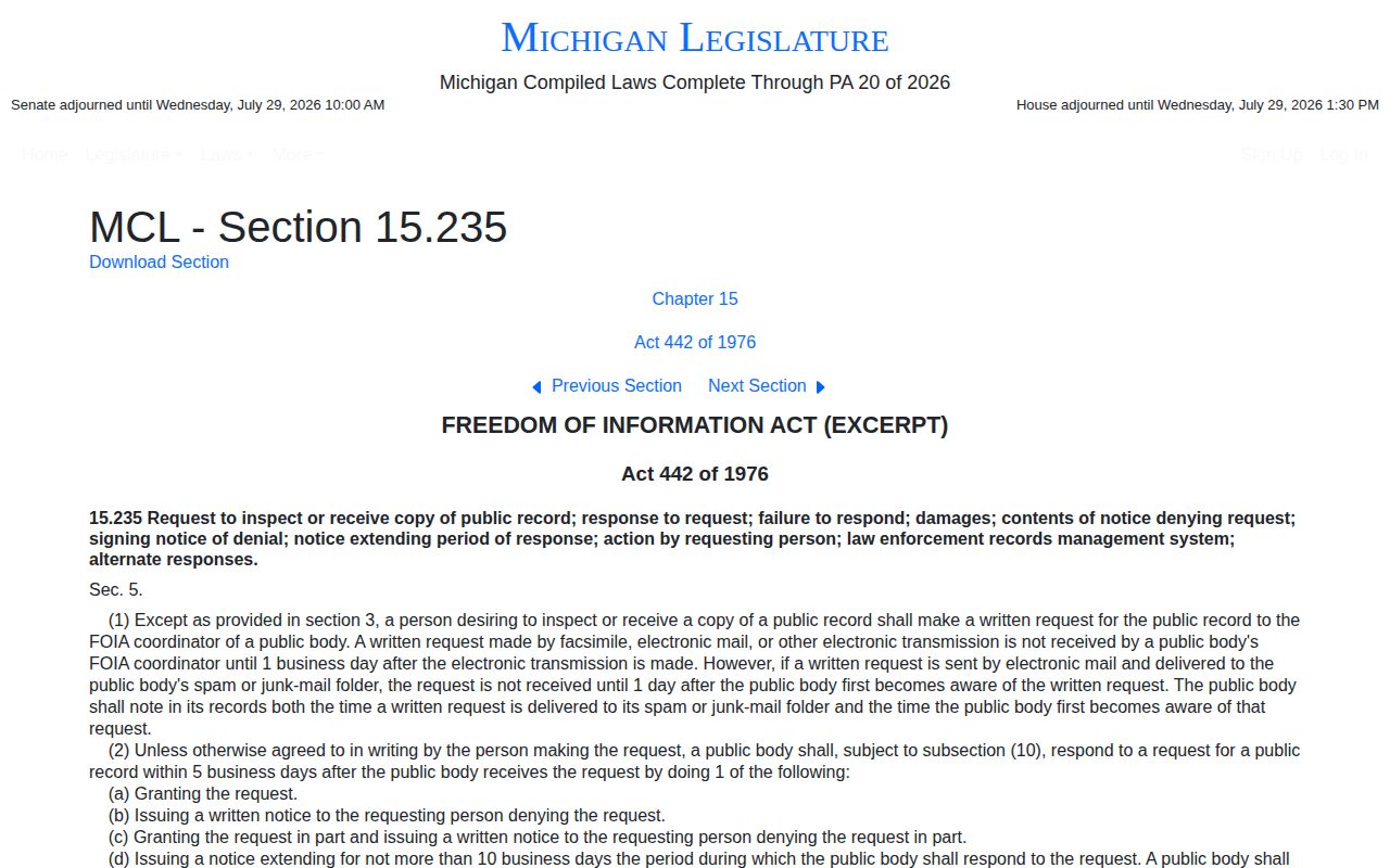 Missaukee County 24-hour release records under Michigan FOIA response law