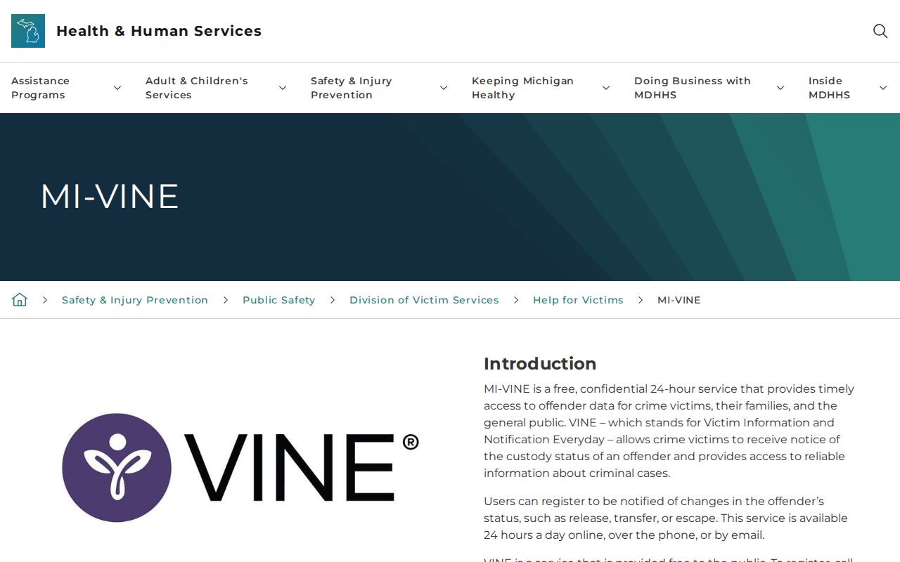 Missaukee County VINELink release check on the official Michigan VINE overview